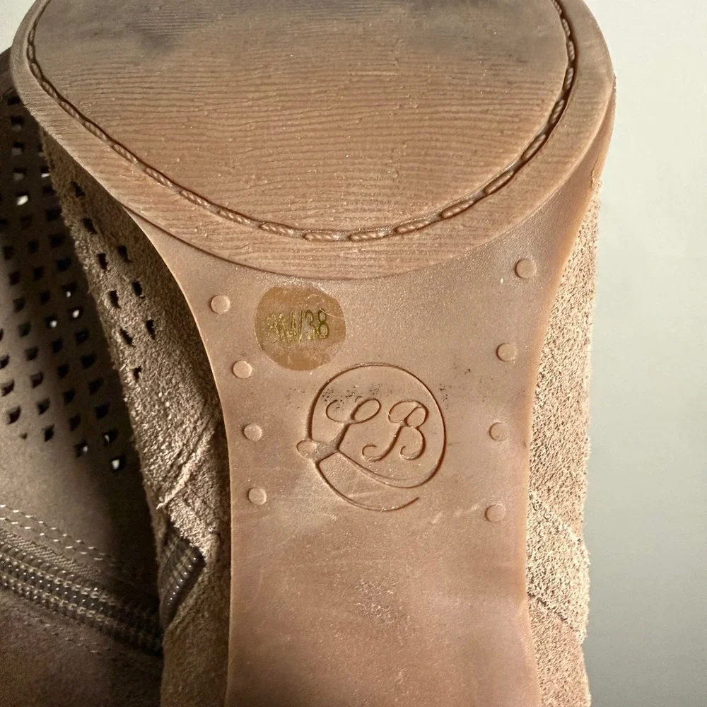 Lucky Brand Women Taupe Suede Perforated Open Toe Block Heel Booties Size 8M/38